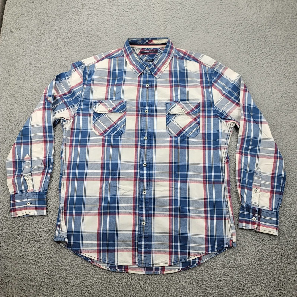 Tommy Hilfiger Shirt Mens‎ XL White Blue Red Custom Fit Premium Denim Button Up